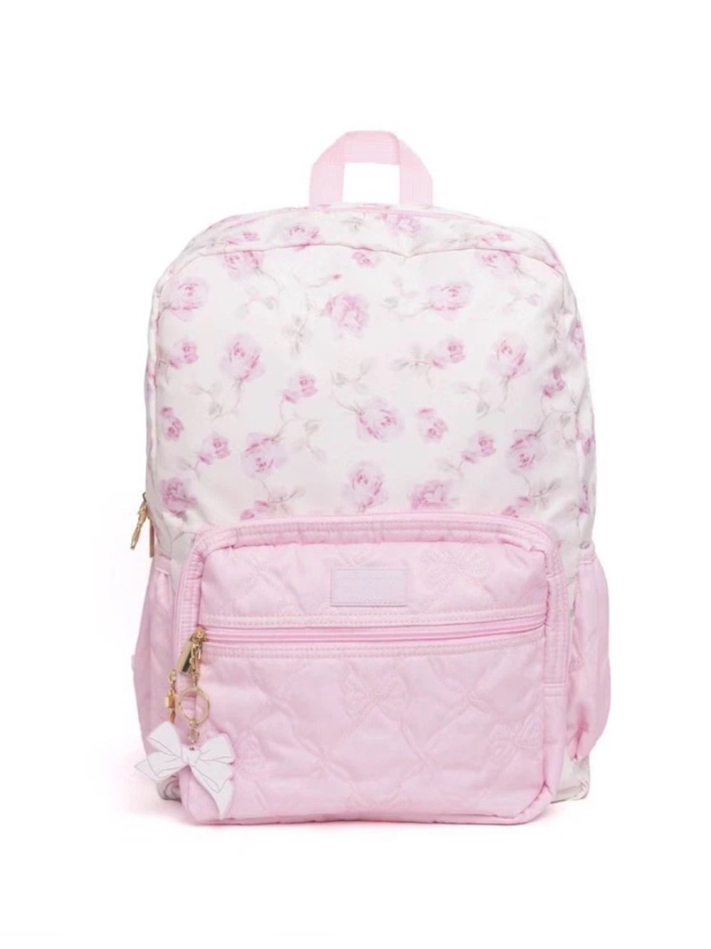 LoveShackFancy Pink Floral Quilted Backpack with Bow Charm